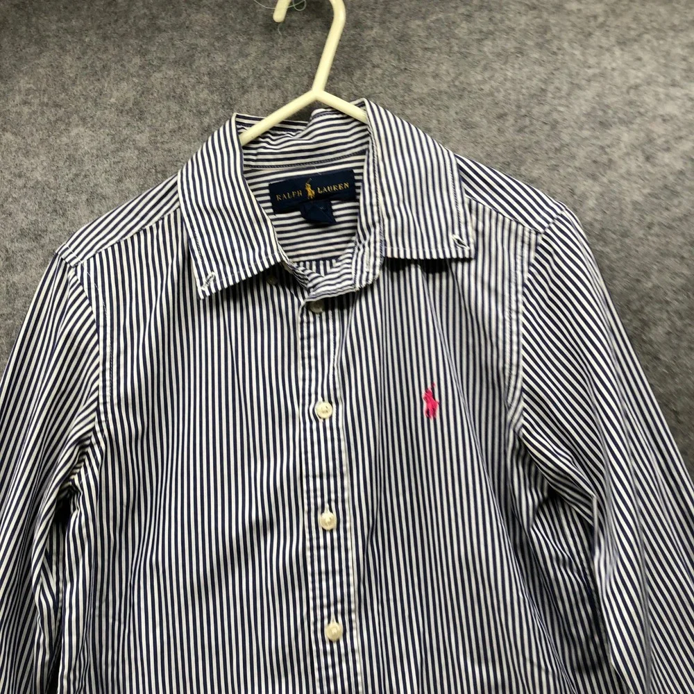 Ralph Lauren Custom Fit Striped Shirt‎ Boys 12 Navy White Long Sleeve Pink Pony